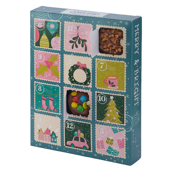12-Day Advent Countdown Calendar with windows open showing chocolates