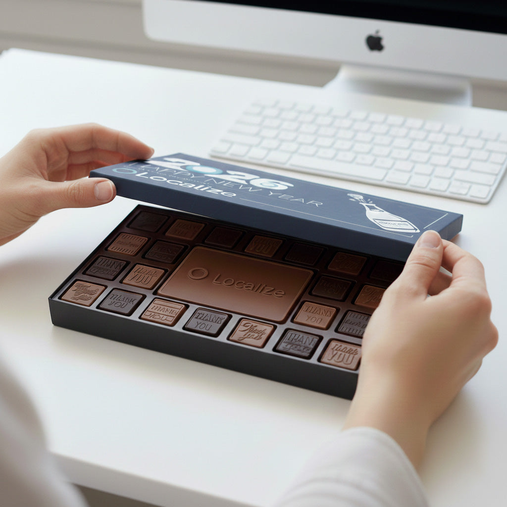Elegant corporate gifts featuring custom chocolate and confection packaging