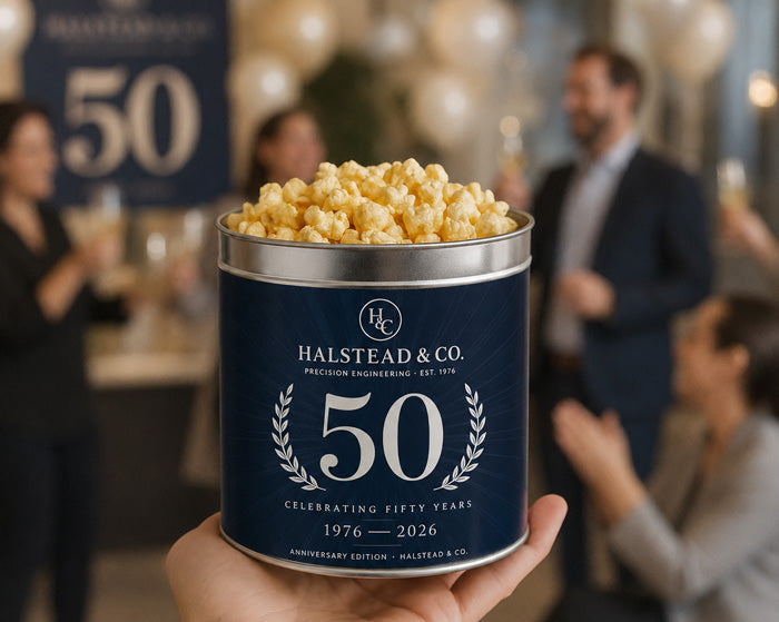 Anniversary-edition popcorn tins for a manufacturer's golden jubilee