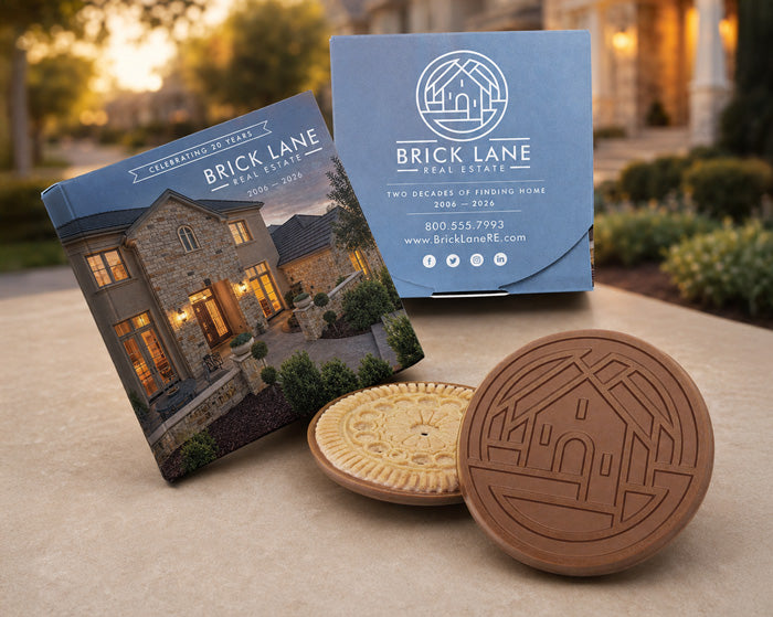 Logo-embossed chocolate cookies marking 20 years on the market