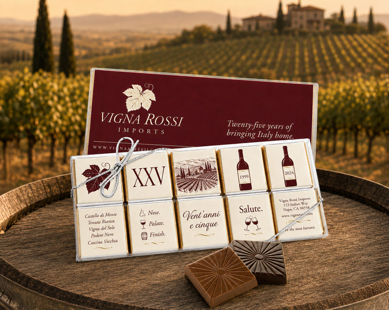 A printed retrospective on ten chocolate squares for 25 years in wine